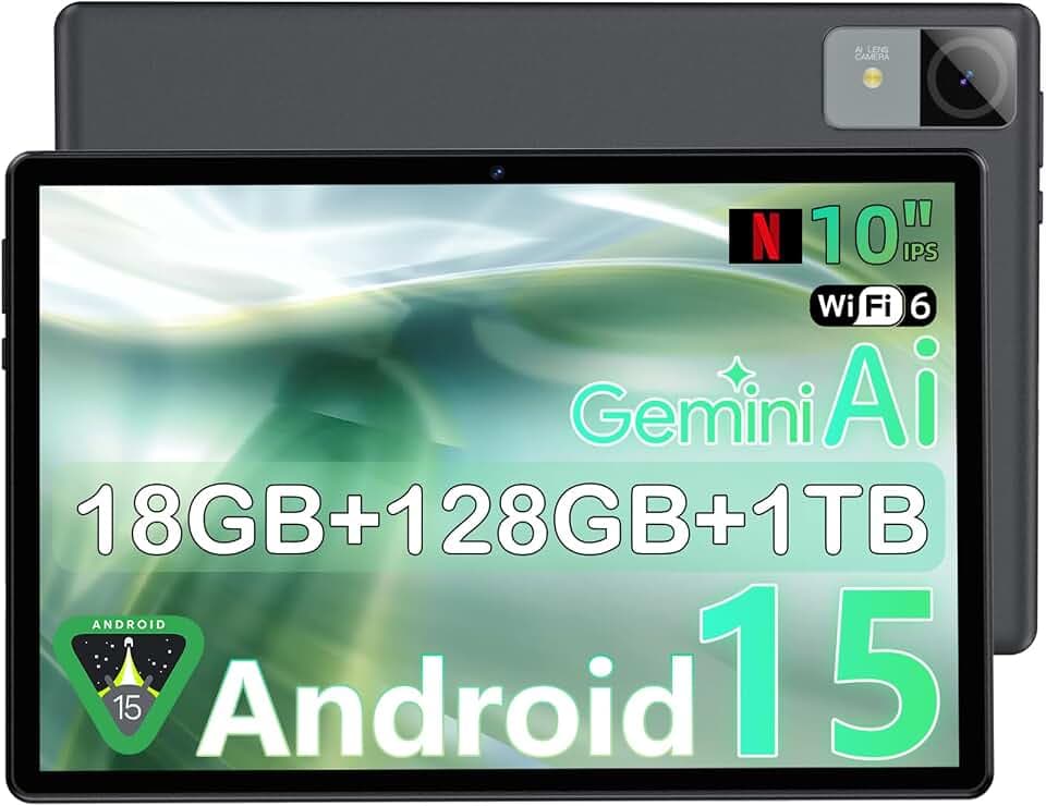Tablette 10 pouces, Tablette Android 15, 18 Go de RAM + 128 Go ROM + 1 To TF Extensible, Octa-Core T30, écran IPS 1280 × 800, 6000 mAh, Caméra Double 5MP + 8MP, Widevine L1, WiFi 6, Face ID, BT 5.0