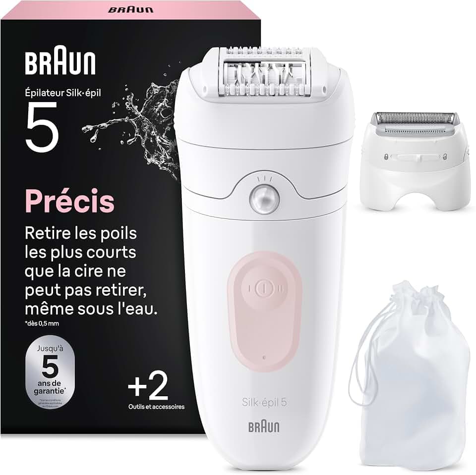 Braun Epilateur Electrique Femme Silk Epil 5, 5-030, Blanc et Rose Flamant | Etanche, sans Fil, Embout Rouleau de Massage, Coffret Epilation avec Tête de Rasage, Sabot Tondeuse GreenCircle Certified: Certified Energy Savings