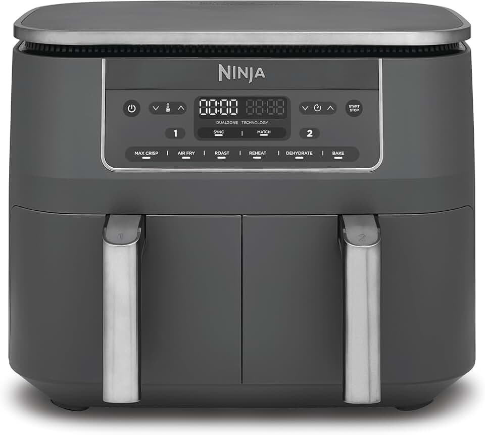 Ninja Air Fryer Dual Zone numérique, Friteuse à air 7,6L DZ300EU | 2 compartiments, 6-en-1, Friteuse sans huile, Croustillant max, Rôtir, Cuire au four, Déshydrater, Réchauffer, Gris