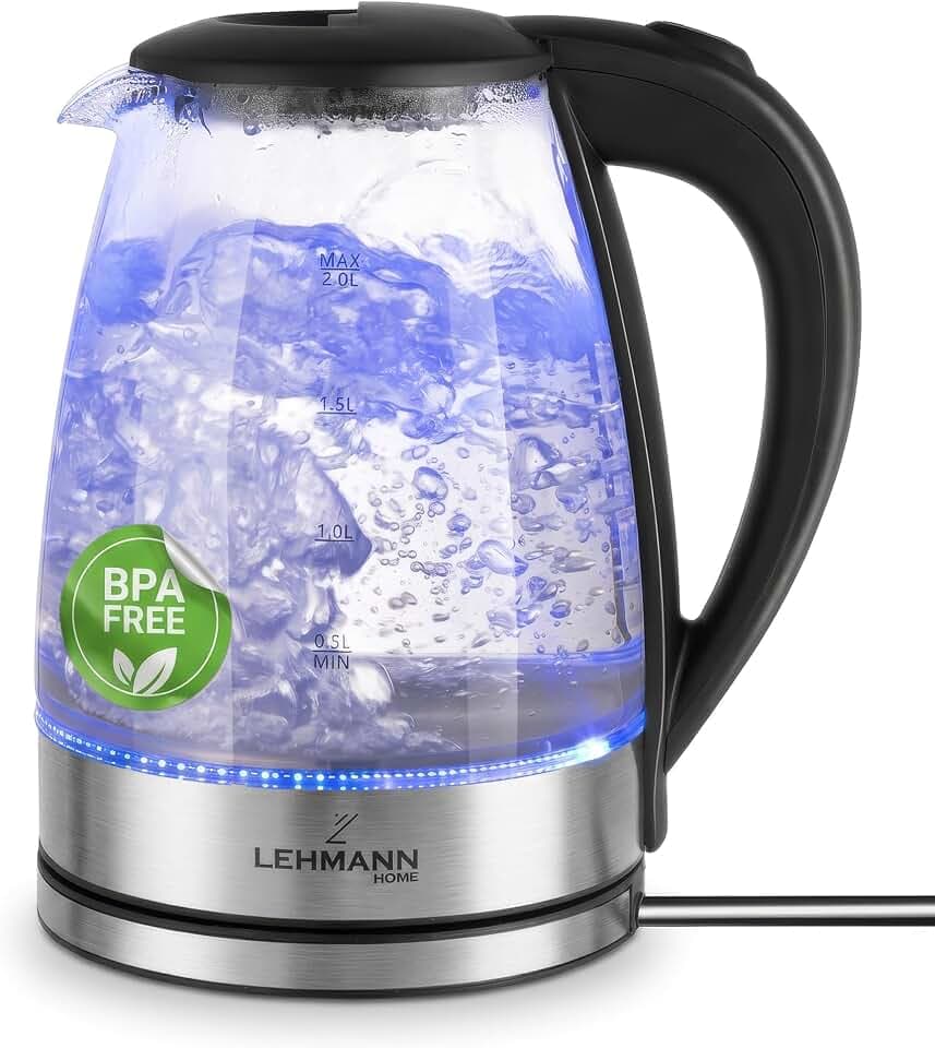 LEHMANN Bouilloire Électrique Verre - 2200W - 2L - Chauffage Rapide - Base 360° - Éclairage LED - Arrêt Automatique - Protection Contre la Surchauffe - Bouilloire sans BPA - Transparente