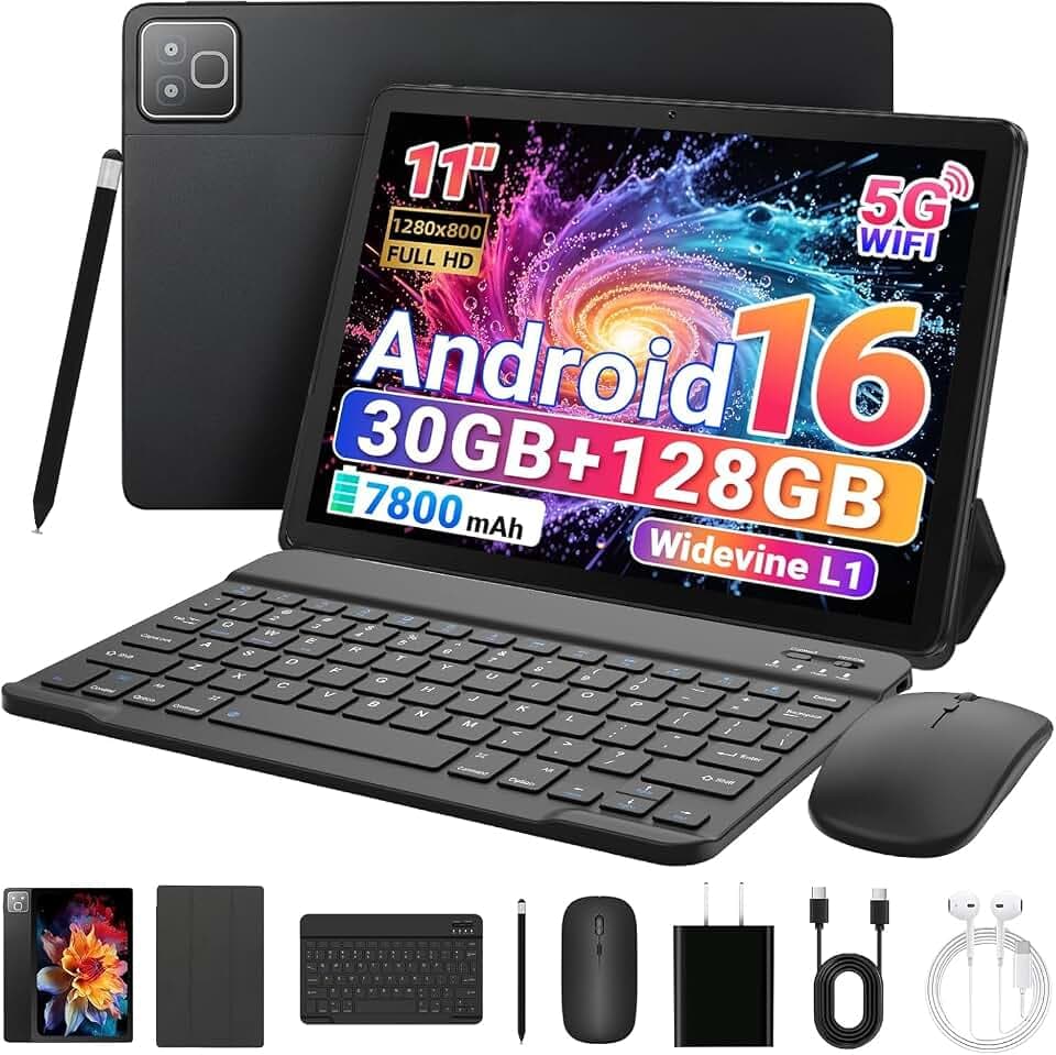 Tablette de 11 Pouces Android 16 Tablette, 2 en 1 Tablettes avec Cas de Stylo de Souris Clavier, RAM de 30 Go ROM de 128 Go (1TB TF Expand), 7800mAh, WiFi 6, BT5.4, Pour l'étude de Travail, Noir