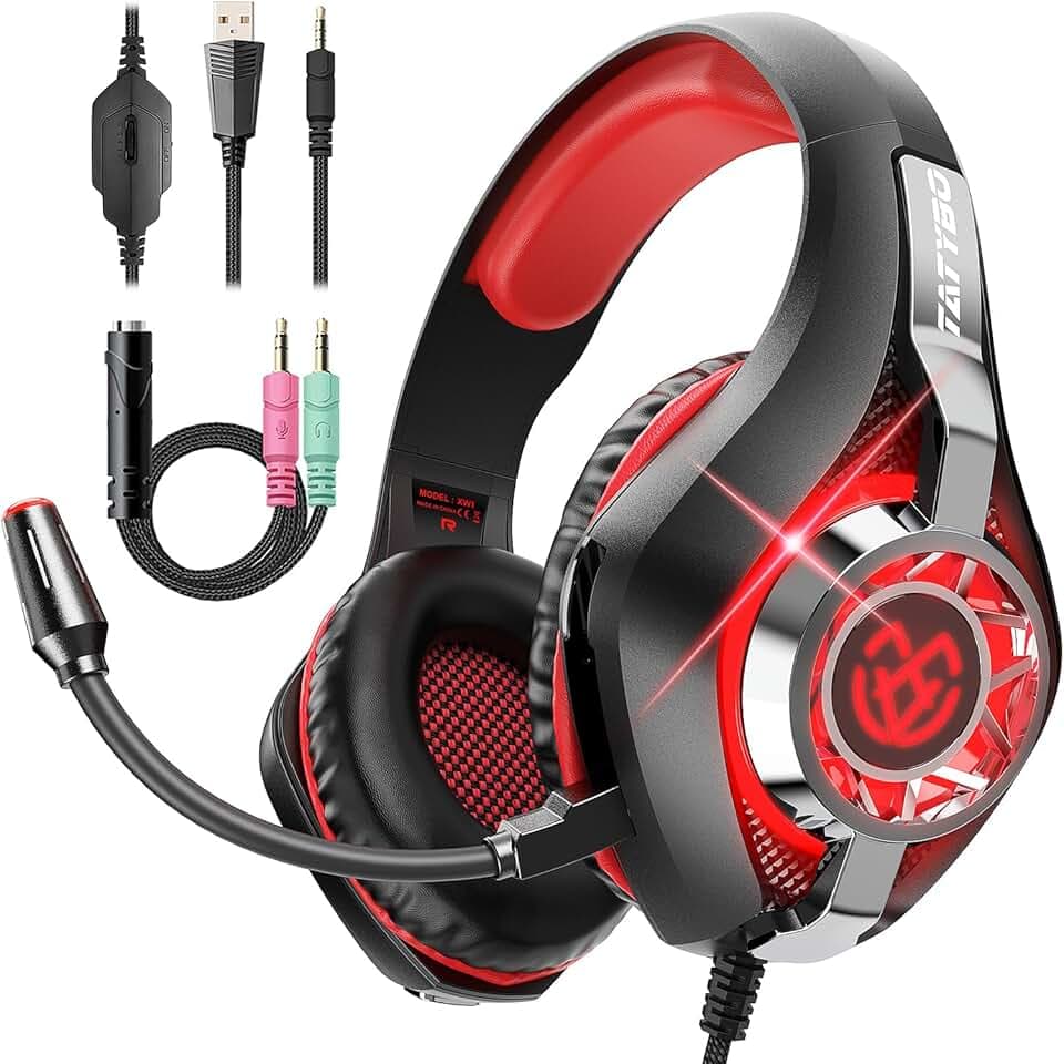Tatybo Casque Gaming pour Ps5, Casque Gamer 3D Son Surround avec Microphone Antibruit, Ultraléger 250g, Haut-Parleur 50 mm, Casque avec Prise Jack 3,5 MM pour Ps4 Pc Xbox Switch (Noir Rouge)