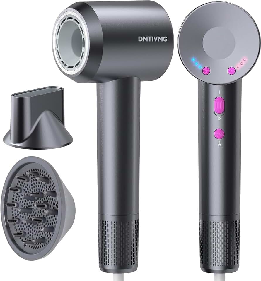 Sèche Cheveux Ionique 500 Millions Seche Cheveux Professionnel Séchage Ultra Rapide Type Salon Anti-Frisottis 160 000 tr/min Léger Faible Bruit Diffuseur Magnétique 4 Température (Gris Foncé)