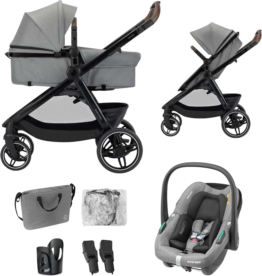 Maxi Cosi Zelia Select Trio, Poussette 3 en 1 Avec Siège auto, 0-4 ans (0-22 kg), Pliage D'une Seule Main, Poussette Trio Compacte et Réversible, Avec Siège auto Bébé CabrioFix S i-Size, Gris