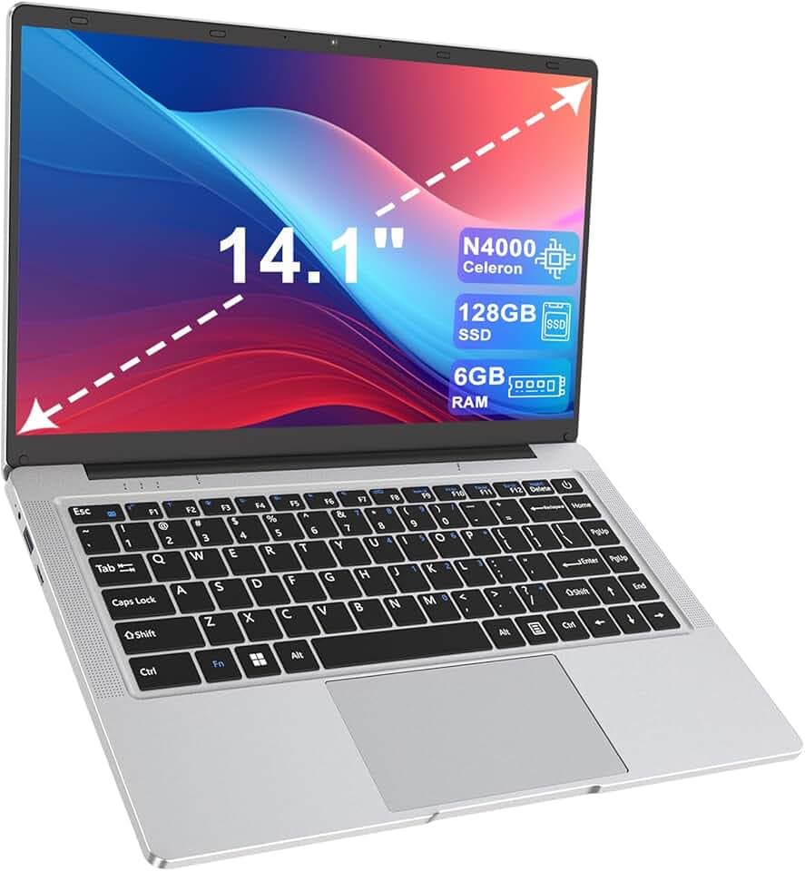 Ordinateur Portable 14 pouces 2 cœurs (jusqu’à 2,6 GHz) PC Portable 6 Go DDR4 128 Go SSD, WiFi 5G, Mini-HDMI, Design Sans Ventilateur Computer, Idéal pour Étudiants, Entreprise – Souris Incluse
