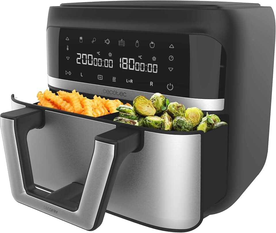Cecotec Friteuse à Air sans Huile - 9L Séparable en 2 - Air Fryer Cecofry Dual 9000, 2850W, Diététique et Digitale, Panneau Tactile, Température Double et Réglable, 6 Modes, Technologie PerfectCook