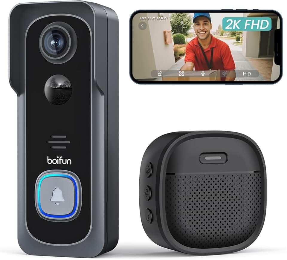 BOIFUN Sonnette sans Fil Exterieur Etanche, Grand Angle de 166°, Installation Facile, Détection Humaine par IA, Vision Nocturne, Compatible Carte SD, IP65 étanche, Wi-FI 2,4 GHz, 2K/3MP Noir