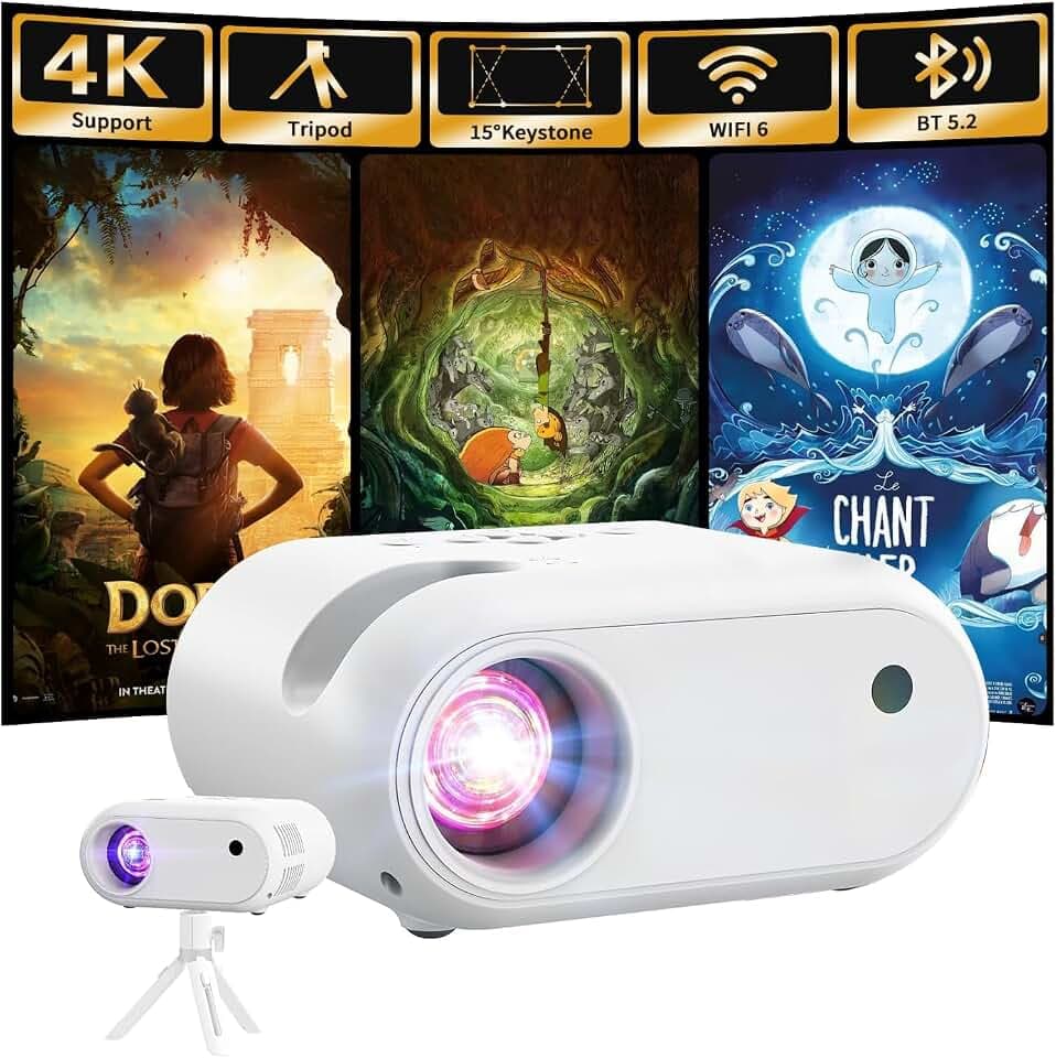 Mini Vidéoprojecteur avec Trépied 1080p Projecteur Portable Rétroprojecteur | Projecteur avec WiFi Bluetooth Compatible avec HDMI, Smartphone, USB, TV Stick, Accueil Extérieur Chambre à Coucher, Blanc