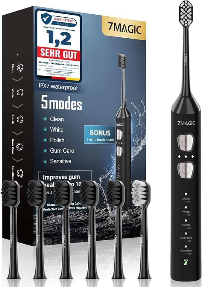 Brosse à Dent Électrique, Brosse a Dent Sonique, Brosse a Dent Electrique - 3 Intensités 5 Modes, 40000VPM, IPX7, Brosse à Dents Électrique Ultrasoniques Autonomie de Batterie de 180 Jours, Noir Global Recycled Standard