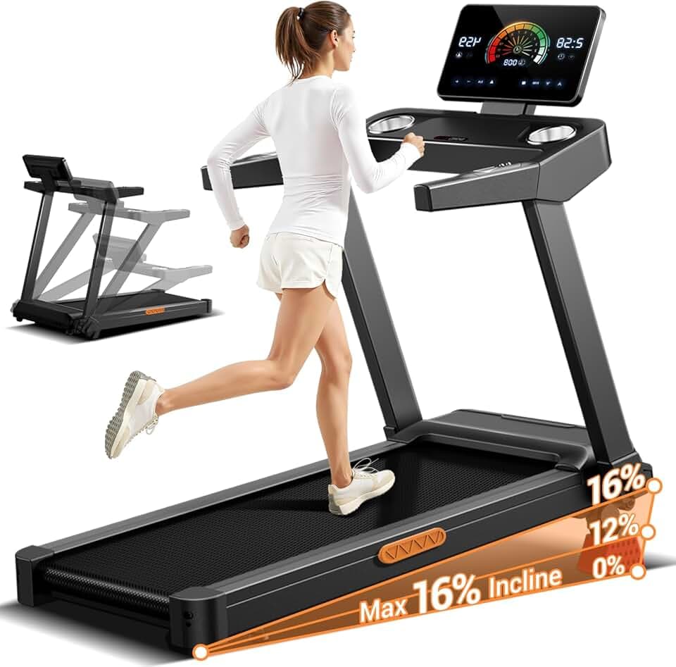 UMAY Tapis de Course Pliable Inclinable 16%, 14KM/H | Tapis de Marche avec Surveillance de Fréquence Cardiaque, 3,5CV Tapis de Course Électrique avec Affichage LED, 180KG
