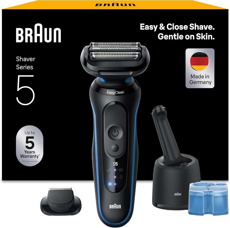 Braun Rasoir Electrique Homme Series 5 52-B7200CC, Bleu | Etanche, Batterie Rechargeable, 2 Modes, Lames Flexibles, sans Fil, Station Nettoyante, Accessoire Tondeuse de Précision GreenCircle Certified: Certified Energy Savings