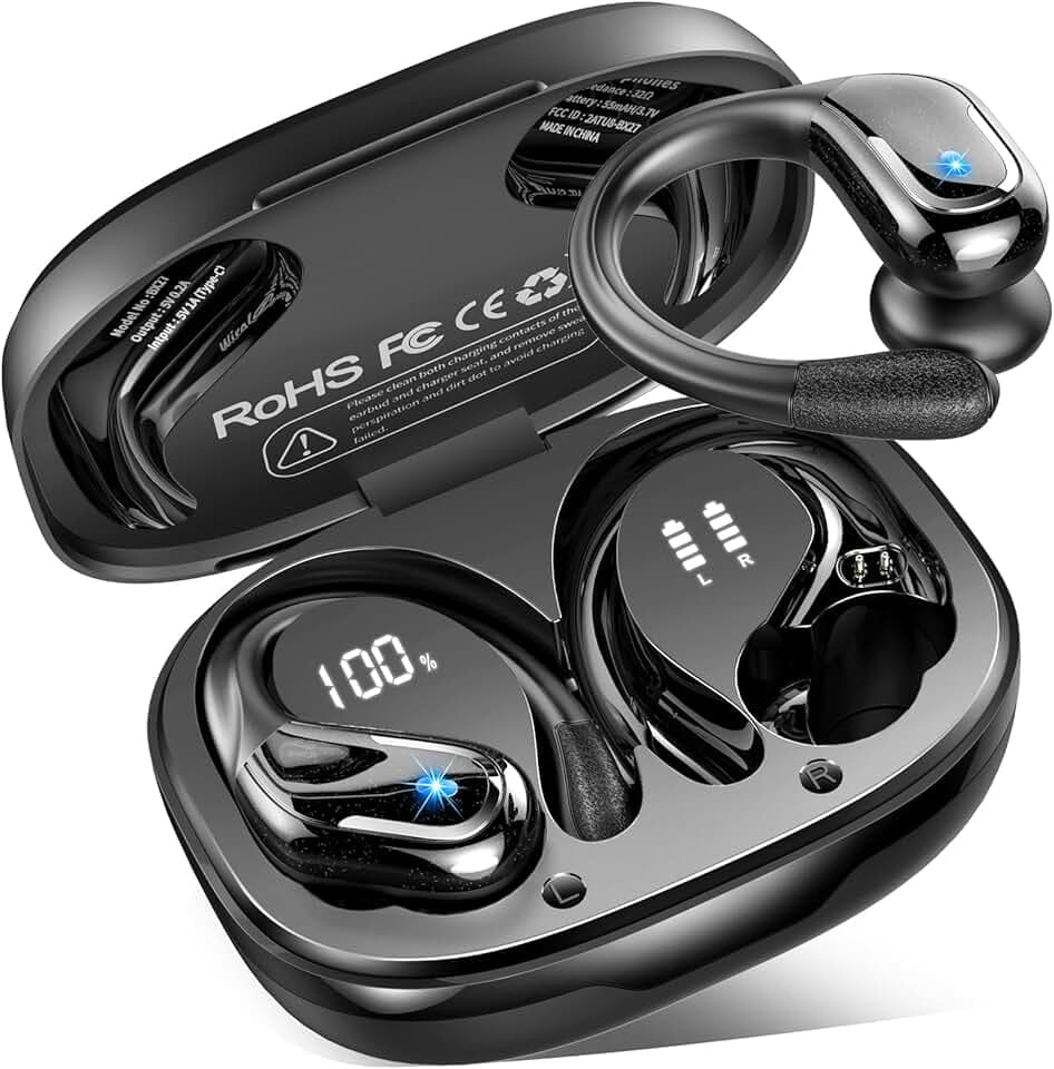 Ecouteurs Bluetooth Sans Fil Sport, 75Hrs Écouteurs Bluetooth 5.4 avec Stéréo HiFi 3D, 4 ENC Réduction de Bruit Mic Oreillette sans Fil USB-C Charge, Étanches IP7 Casque Running LED pour Android/iOS