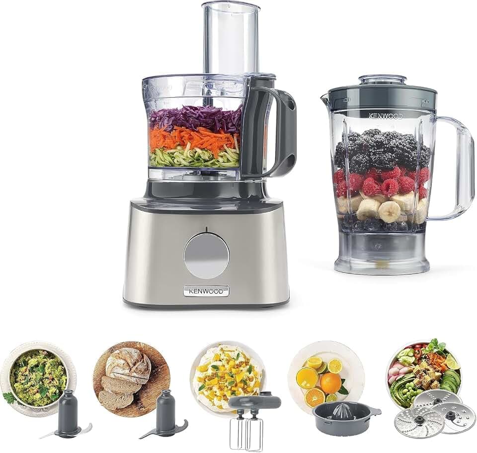 Kenwood MultiPro Compact - Robot Multi. 800W Bol de 2,1L 9 Accessoires | Blender de 1,2 L, Double Fouet, Lame, Pétrin, Presse-agrumes, 3 Disques de Découpe, Spatule, Argent, FDM301SS