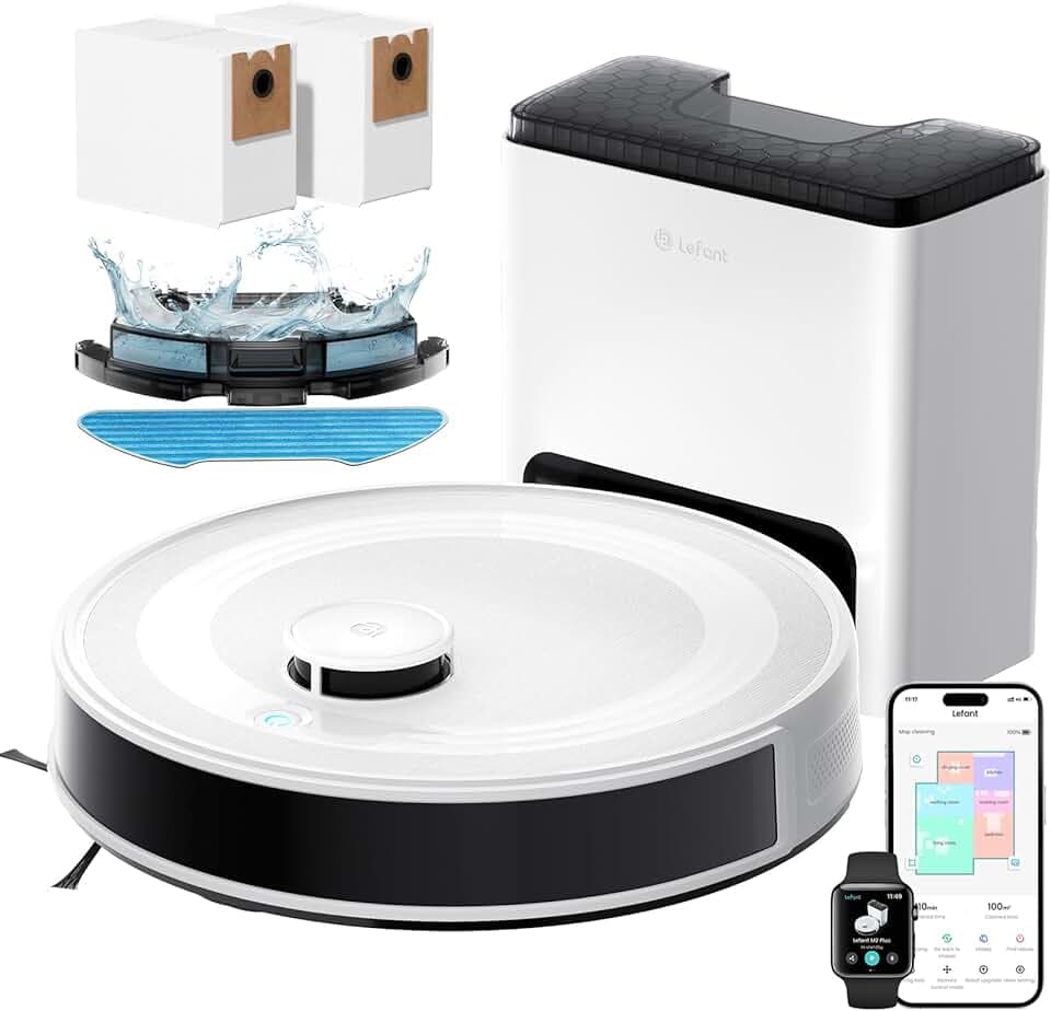 Lefant M2 Plus Robot Aspirateur Laveur 6000Pa avec Station, Vidage Automatique, Navigation Laser avec Cartographie, Évitement d'obstacles PSD, Idéal pour Poils d'animaux/Tapis, App/WiFi/Alexa, Blanc