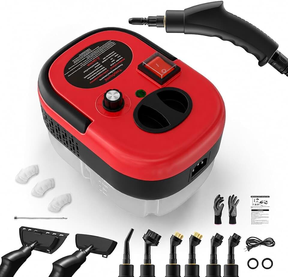 Nettoyeur Vapeur, Steam Cleaner Haute Pression, Réservoir 1200 ML Grande Capacité, Nettoyeur Vapeur à Main, Nettoyant Vapeur pour Fenêtres, Cuisine, Salle de Bain, Voiture -Rouge