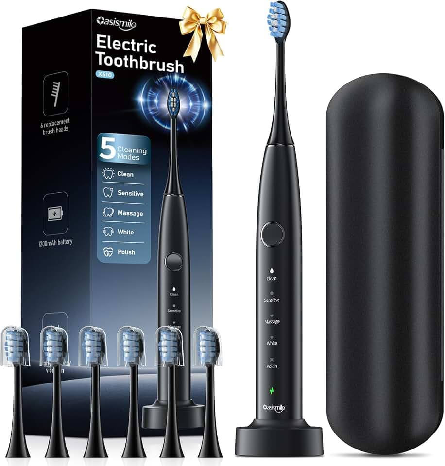 OasiSmile X610 Brosse à Dents Électrique Sonique, pour un Sourire Éclatant et un Nettoyage en Douceur après le Café ou les Repas, 6 Brossettes & 5 Modes, 42000 VPM & IPX7, 100 Jours, Charge sans Fil