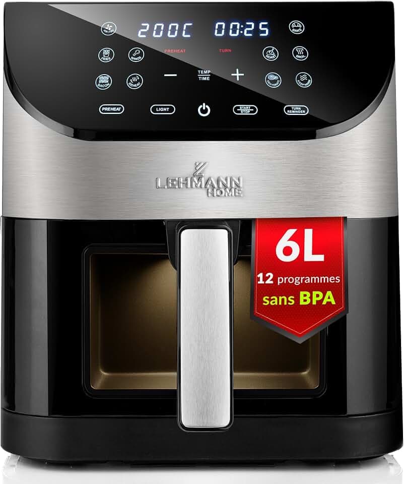 LEHMANN Air Fryer 6L 10-en-1 avec Fenêtre de Visualisation, 12 Programmes, 1500 W, Réglage de la température de 76-200 °C, Minuterie et Écran Tactile LED, 90% de Matières Grasses en Moins