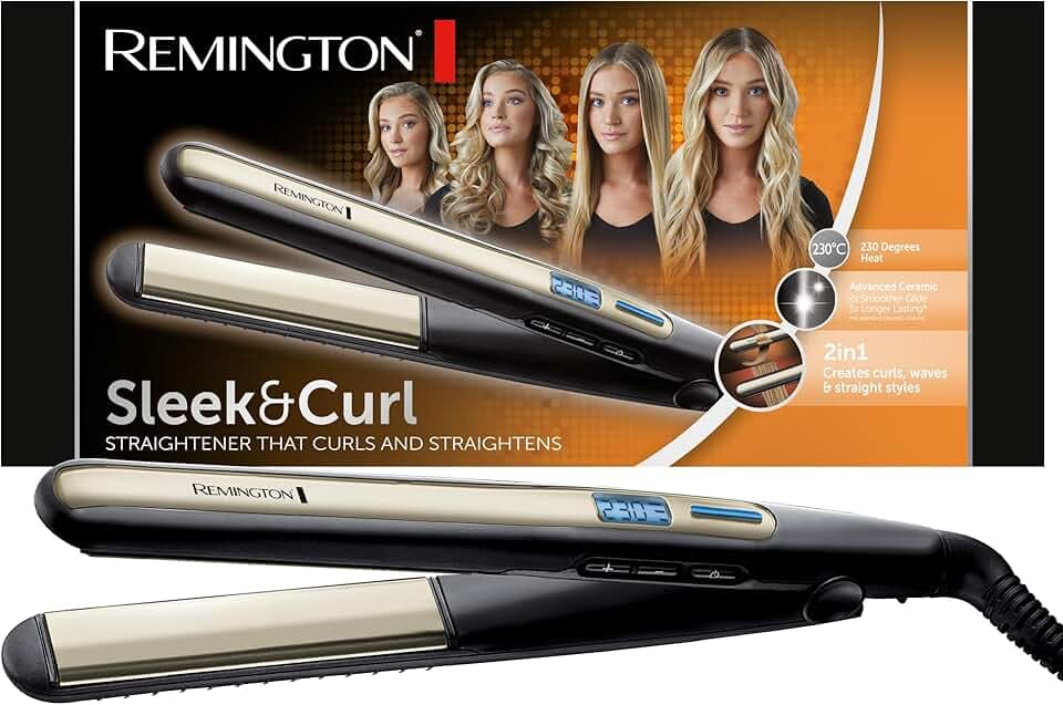 Remington Lisseur Cheveux [2en1: lisse & boucle] Sleek & Curl (Léger, Design arrondi, Céramique Tourmaline, Écran LCD, 150-230°C, Turbo) Fer à lisser S6500