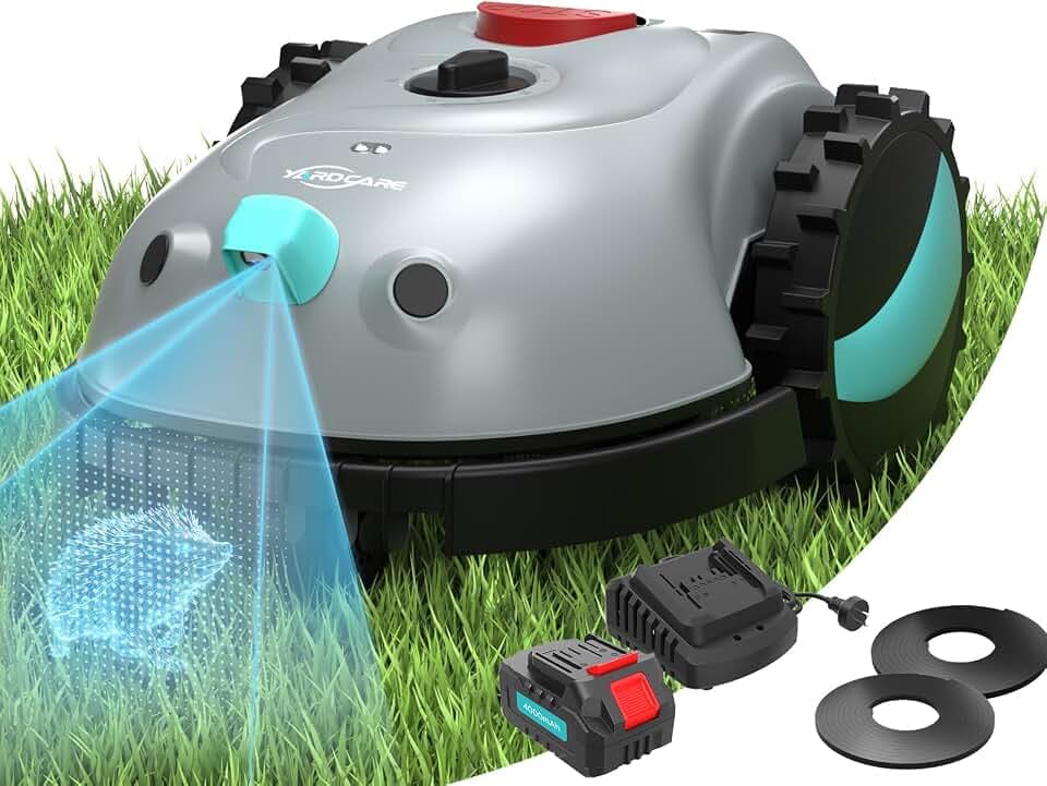 (2026 New) YARDCARE V100 Robot Tondeuse Sans Fil Périphérique,avec Navigation par Vision, Évitement d'obstacles(150 sortes), Robot Tondeuse Gazon avec Batterie 4 Ah, Bande magnétique, Lame de Rechange