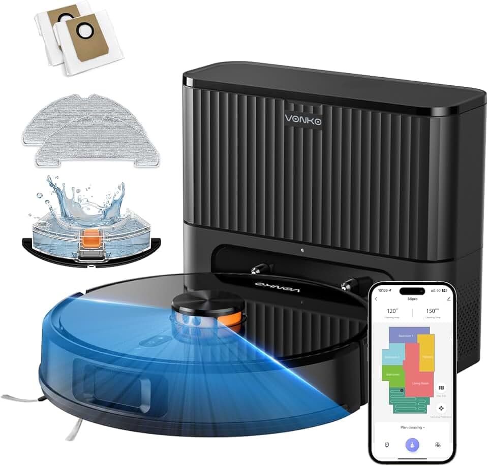 VONKO Robot Aspirateur Laveur avec Station de Vidage Automatique, 8000Pa, Navigation LiDAR 2.0, 180min Autonomie, Détection de Tapis, App & Alexa, Idéal Poils d’Animaux & Sols Dur,Noir