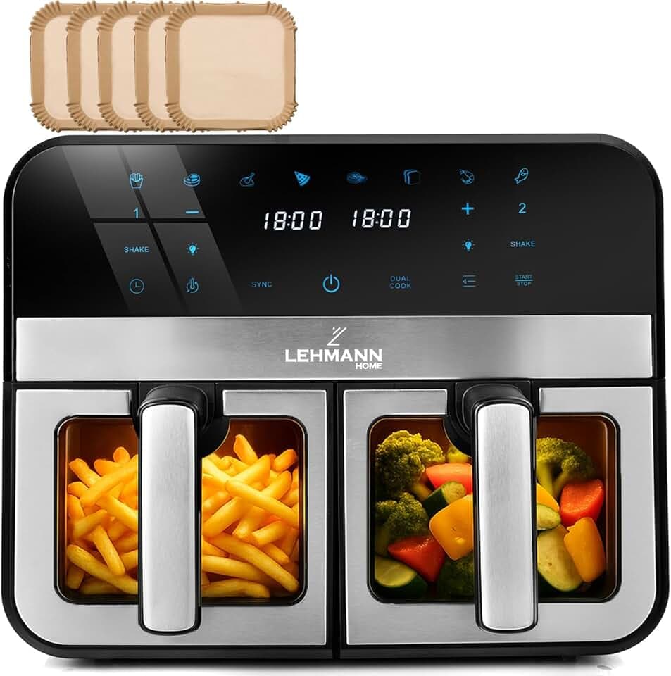 LEHMANN Air Fryer 9L, Dual Friteuse sans Huile avec 2 Tiroirs, 2400W, 12 Programmes, Température ajustable de 80-200 ºC, Contrôle WIFI, Écran Tactile, pour les Grandes Familles avec Enfants