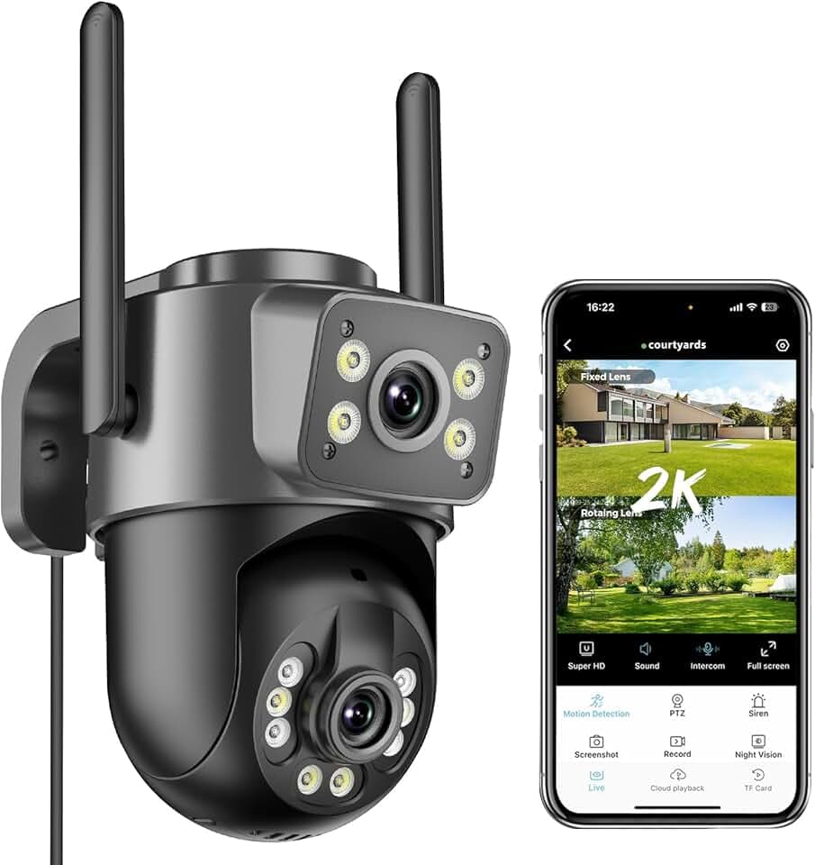 Reobiux 2K Camera Surveillance WiFi Exterieure, PTZ Outdoor IP Caméra Extérieur avec Double Objectif, Vision Nocturne Couleur, Détection de Mouvement, Audio Bidirectionnel, Stockage SD/Cloud, IP66