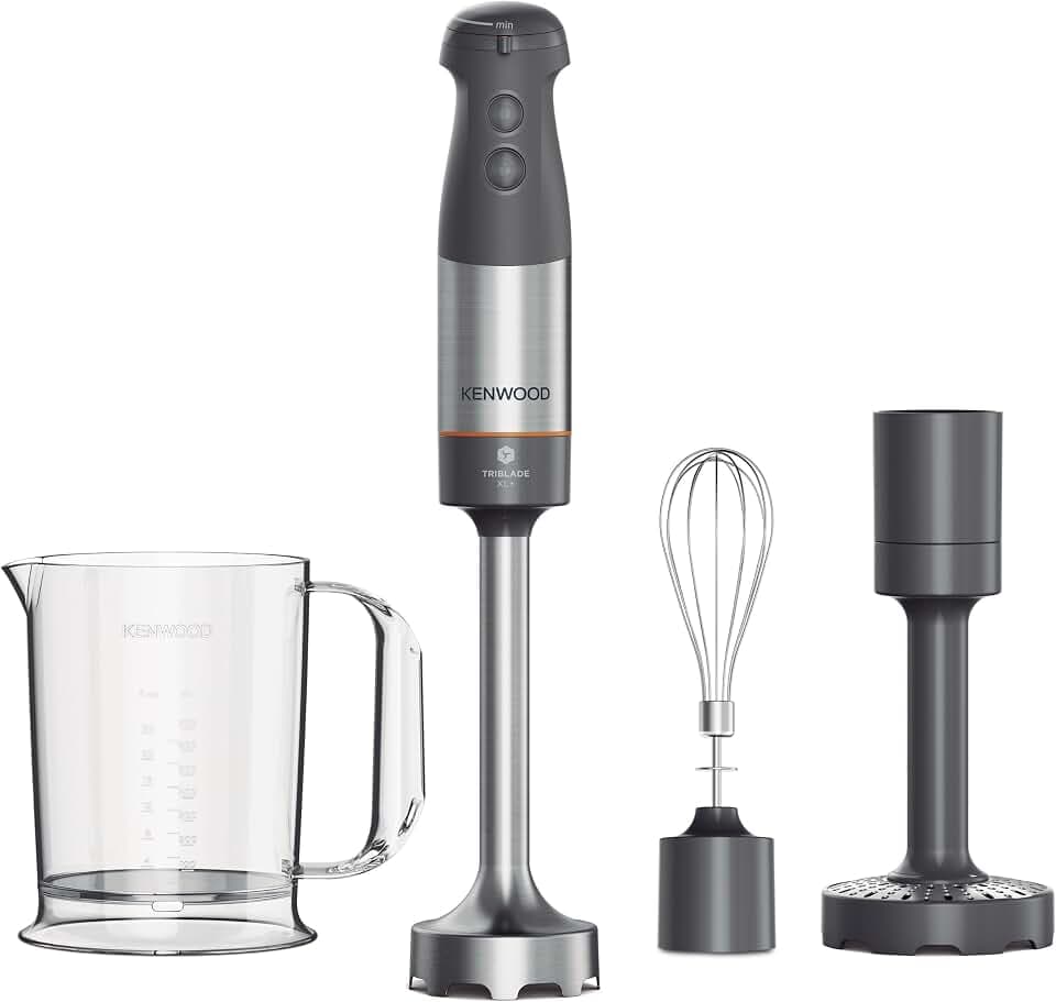 Kenwood Triblade XL+ - Mixeur Plongeant 1000W avec Presse-Purée Gris | Mixeur Plongeant, Vitesse Variable, Anti-éclaboussures, Fouet Métal, Hachoir, Gobelet Sans BPA, Lave-vaisselle, HBM60.007GY