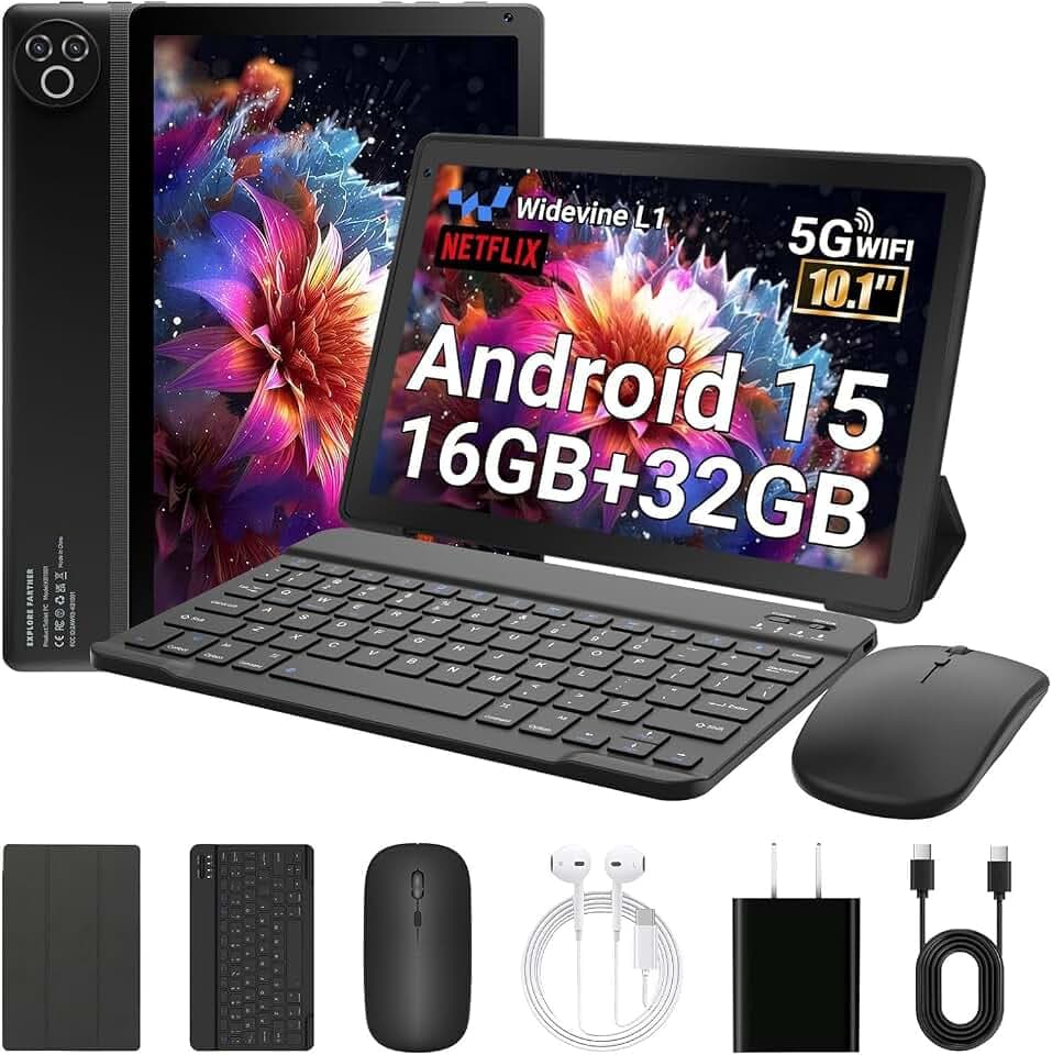 Tablette 10 Pouces, Android 15 Tablette avec 32 Go ROM+1 to TF, 5000 mAh, WiFi 6, Bluetooth 5.4, Widevine L1, Tablette Tactile avec Clavier et Souris, Noir