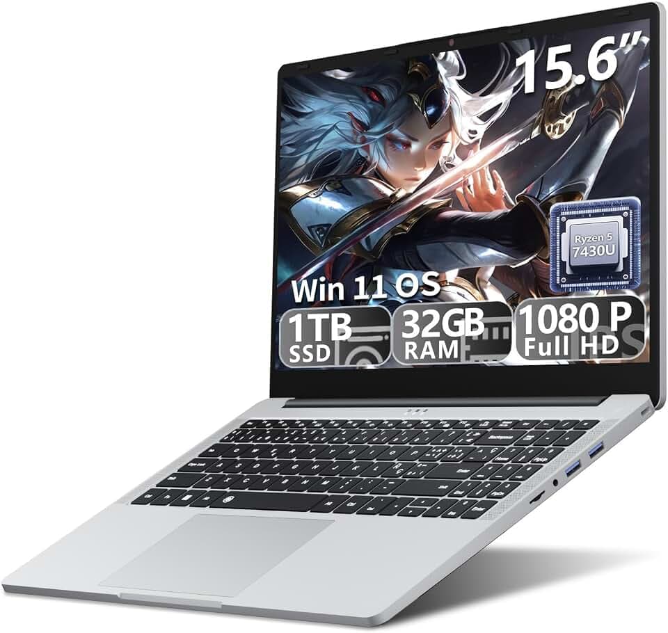 Ordinateur Portable 15,6 Pouces PC Portable Win 11 Ryzen 5 7430U (4.3GHz) Processeur Graphique Radeon, 32 Go RAM SSD 1 To, Laptop Clavier Rétroéclairé USB 3.2 Type-C WiFi 6 Ordinateur Portable