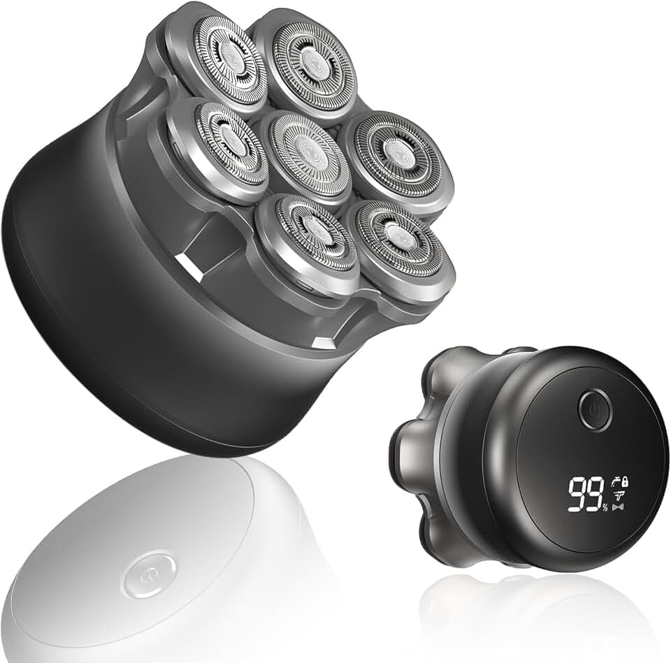 Rasoir Electriques Hommes, 7D Rasoir Tete Chauve Homme, Tête Magnétique Tondeuse Barbe Homme, Tondeuse à cheveux portable étanche sèche/humide, avec écran LED (4in)