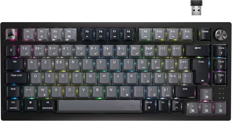 Corsair K65 Plus Wireless 75% RGB Mechanical Gaming Clavier – Commutateurs Linéaires MLX Red Pré-Lubrifiés – Keycaps PBT Dye-Sub – Compatible iCUE – PC, PS5, PS4, Xbox – AZERTY FR – Noir/Gris