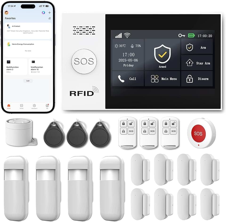 XUK Kit Alarme Maison sans Fil 4G GSM WiFi, sans Abonnement Mensuel | Alarme Maison Connectée avec App, Centrale d’Alarme Anti Intrusion avec Batterie de Secours 1000mAh, Notifications Appel SMS