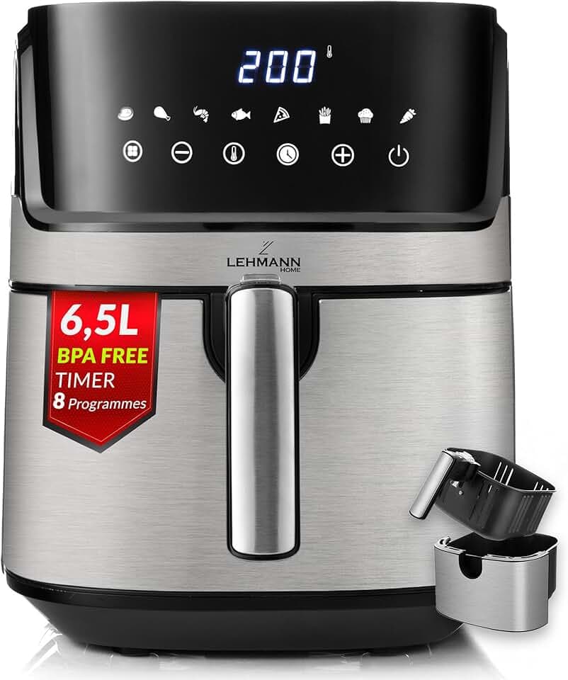LEHMANN Air Fryer XL, 6,5L, Friteuse sans Huile avec 8 Programmes, Grande Métallique Tiroir, Écran Tactile, Minuterie, Revêtement Antiadhésif, 80-200 °C, Compatible Lave-vaisselle, Familial