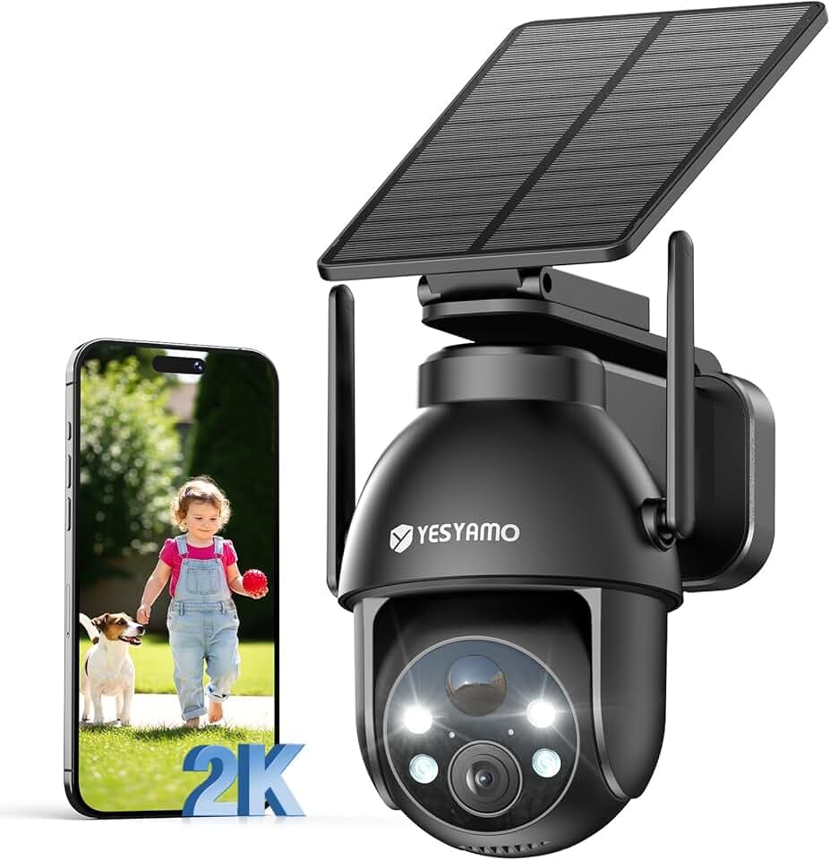 YESYAMO 2K Camera Surveillance WiFi Exterieure sans Fil Solaire, 2.4GHz Camera Exterieur avec Panneau Solaire, 355° PTZ, Vision Nocturne Couleur, Audio Bidirectionnel, PIR Sirène (Noir)