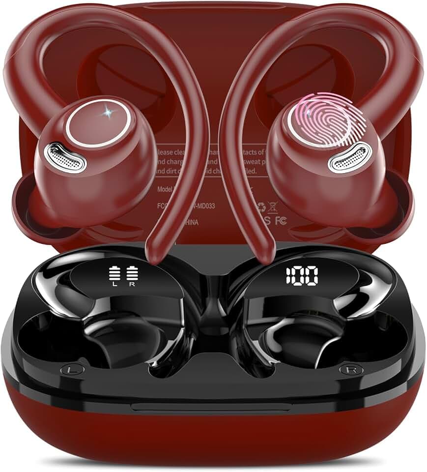 Jesebang Ecouteurs Bluetooth sans Fil Sport 2026 Headphones 5.4 HiFi Stéréo | Ecouteurs sans Fil avec ENC Mic, Oreillette Bluetooth Running IP7 Étanche, 40H Casque Bluetooth Écran LED, Rouge Foncé
