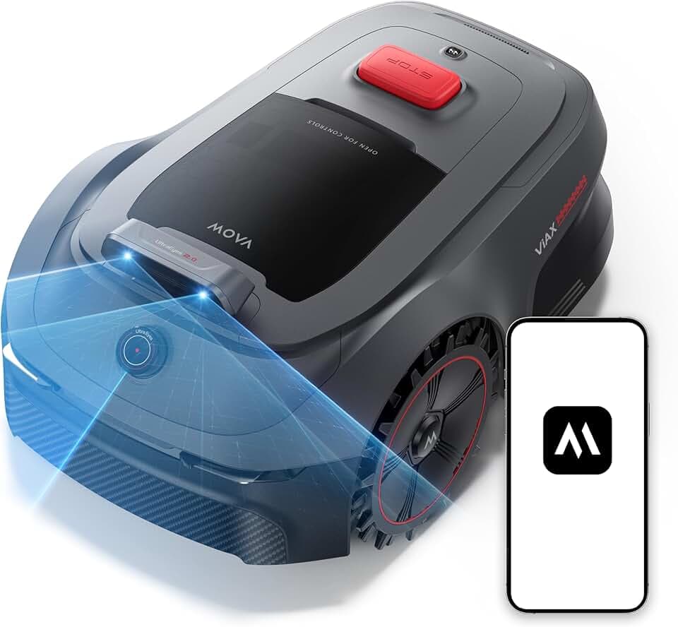 MOVA ViAX 500 Robot Tondeuse sans Fil périphérique, Recommandé 600 m², Cartographie à Assistance IA, LiDAR 360° + IA Double Vision, évitement d’Obstacles, trajectoire U, Coupe des Bords, Contrôle App