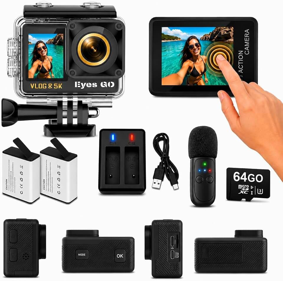 5K26 - Caméra Sport 5K30fps 4K60FPS 120FPS - 31 Accessoires - Photo 50MP - 2 Ecrans Tactile Vlog - Télécommande Micro 360° - Stabilisateur E.I.S 2.0 Étanche 30M - Carte SDXC 64GO - 2X1350mAh