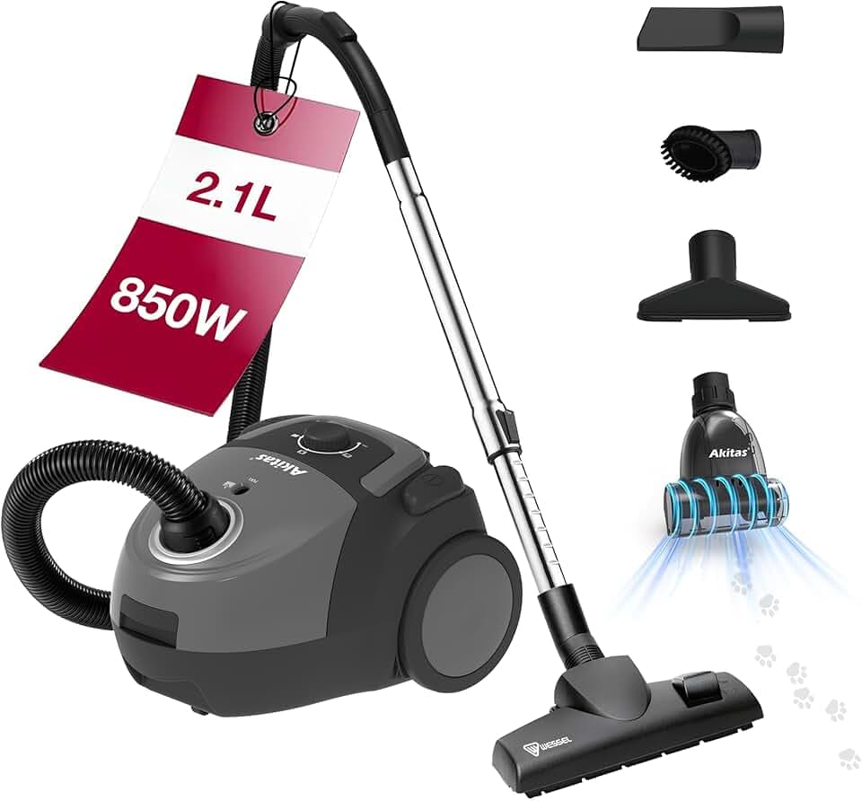 Akitas C5 Turbo Aspirateur avec Sac, tête Allemande Wessel-Werk et Brosse Turbo pour Poils d’Animaux, 850W Puissance élevée, 9 m de Rayon d’Action, Compact et léger