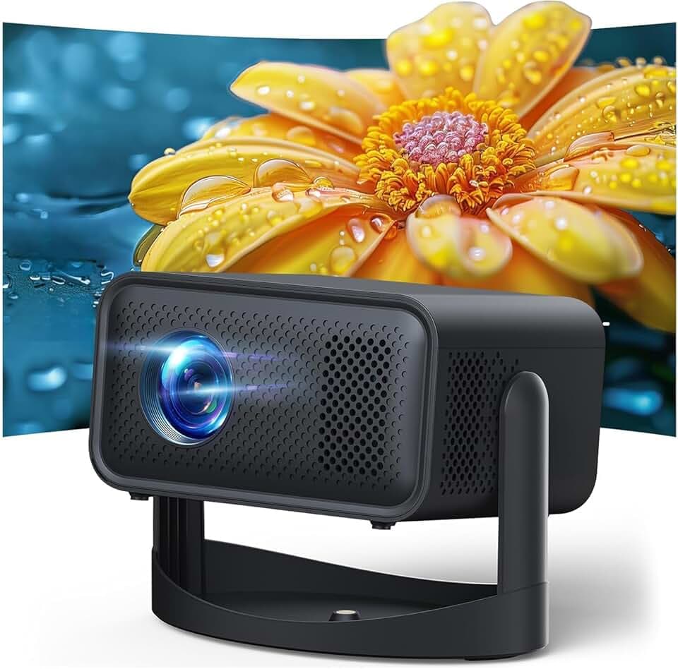 Mini Projecteur Video avec WiFi 6 BT 5.3, Videoprojecteur 4K Réglable à 360°, Projecteur Portable avec Correction Automatique du Trapèze Mise au Point Électrique, Compatible avec Clé TV/HDMI/USB/PS5