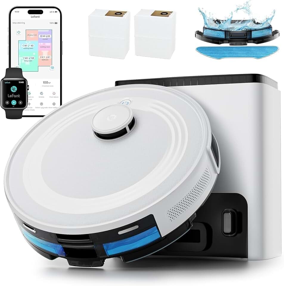 Lefant M2 Plus Aspirateur Robot Laveur avec Station, Vidange Automatique, Navigation Laser avec Cartographie, Évitement d'obstacles PSD, 6000Pa, Nettoyage Personnalisé, Idéal pour Poils d'animaux, App
