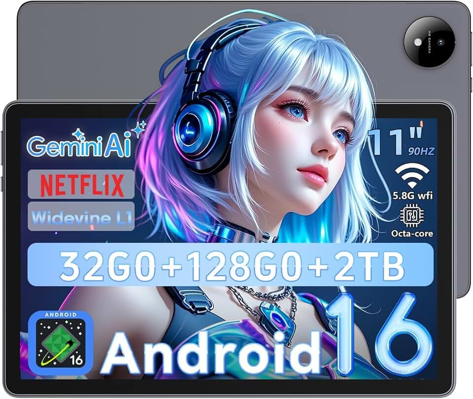 Tablette Android 16 de 11 Pouces avec Gemini AI｜T7250 Octa-Core｜32 Go RAM + 128 Go ROM (2TB TF)｜ IPS FHD 1920x1200｜GPS｜ Widevine L1｜8000 mAh｜Caméra 16 MP + 8 MP｜WiFi 5.8G et 2.4G｜ BT 5.0｜GPS (Gris)