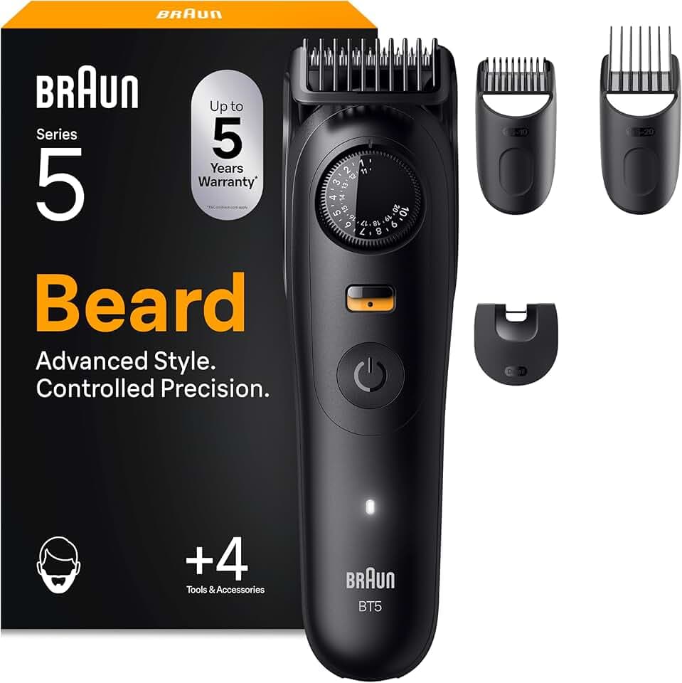 Braun Tondeuse Barbe Homme Series 5 BT5520, Noire | Etanche, Batterie Rechargeable, sans Fil, 40 Longueurs, Lame Ultra Affutée, Coffret avec +4 Outils de Barbier