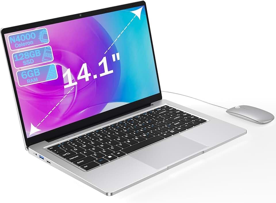 Ordinateur Portable 14,1" HD, 6 Go RAM, SSD 128 Go, Processeur Double Cœur, Wi‑Fi 2,4G/5G & Bluetooth, Design Silencieux Sans Ventilateur, PC Portable Léger avec Souris Offerte & Clavier Confortable