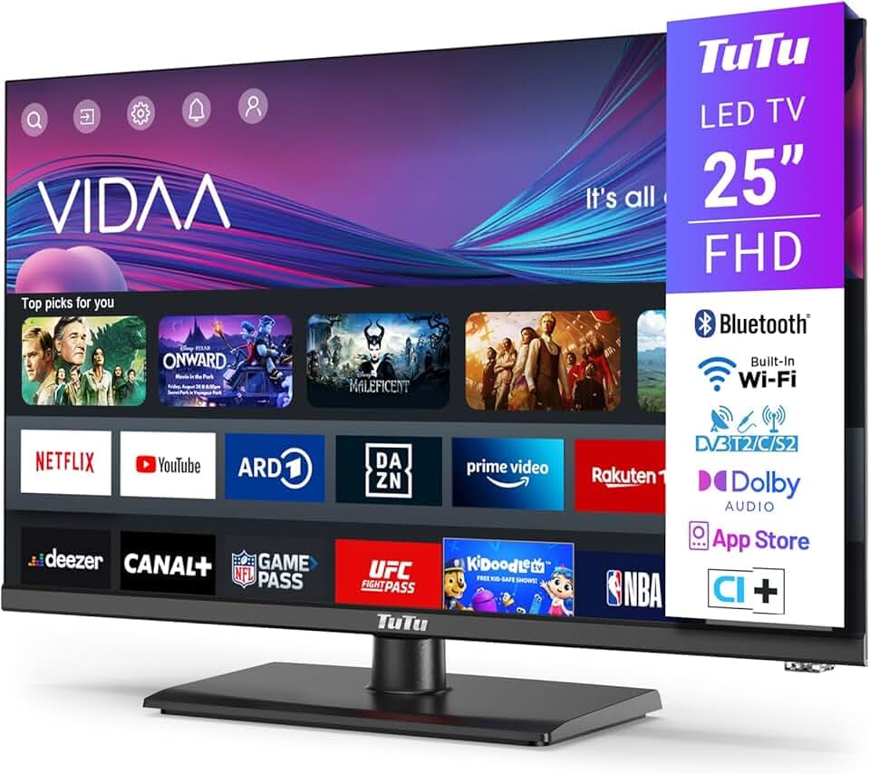 TuTu TUV25FQ1BC Smart TV 25 Pouces (64 cm), Full HD sans Bord Connectée Télévision avec WiFi, Bluetooth, App Store, AirPlay, Triple Tuner (DVB-T/T2, DVB-C, DVB-S/S2), Molotov et Plus
