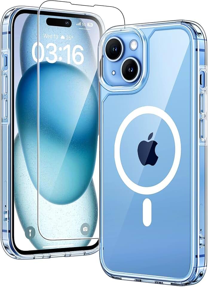 TAURI Coque Magnétique pour iPhone 15 avec Protection écran, [Compatible avec MagSafe] Protection Anti-Choc Mince et Anti-Chute - Transparent Global Recycled Standard