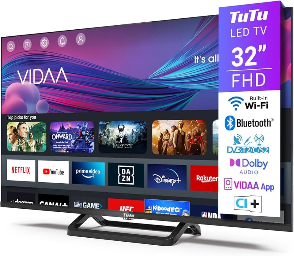 TuTu TUV32FN1B Smart TV 32 Pouces (80 cm), Full HD sans Bord Connectée Télévision avec WiFi, Bluetooth, App Store, AirPlay, Triple Tuner (DVB-T/T2, DVB-C, DVB-S/S2), Molotov et Plus