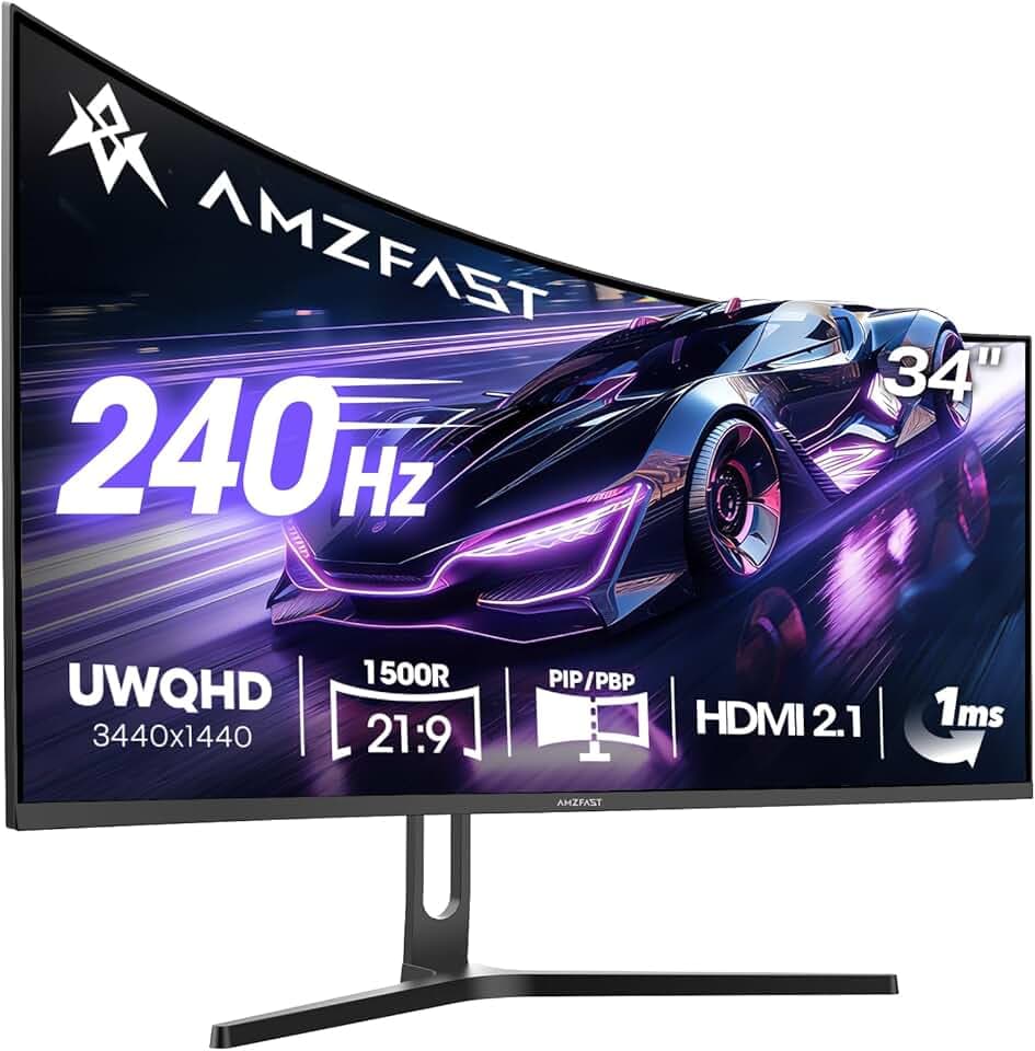Amzfast Écran PC Gaming 34 Pouces 240Hz/UWQHD Moniteur Incurvé 3440x1440 (21:9), 1 ms MPRT, Eyes Care, sRGB 130%, Adaptive Sync, HDR, HDMI 2.1x2, DP 1.4x2, VESA 75x75, PIP/PBP, AMZG34C5QPro