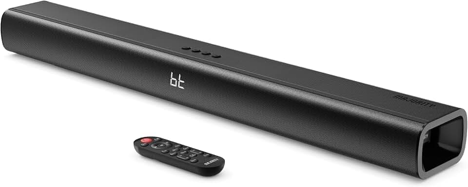 Barre de Son TV, 140W 2.2 Enceintes pour Téléviseur, Home Cinéma, Soundbar | 2.0-2.2 Subwoofer | 80W-300W Enceinte TV Bluetooth | HDMI ARC, USB, Opt., AUX, Montage Mural | Majority Naga 80 Barres de son