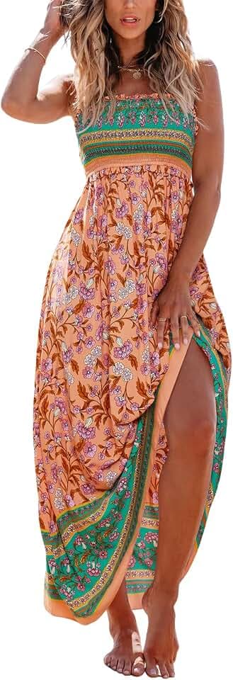 CUPSHE Robe longue d'été smockée pour femme, sans manches, avec bretelles fines et volants, pour plage ou occasions formelles Global Recycled Standard