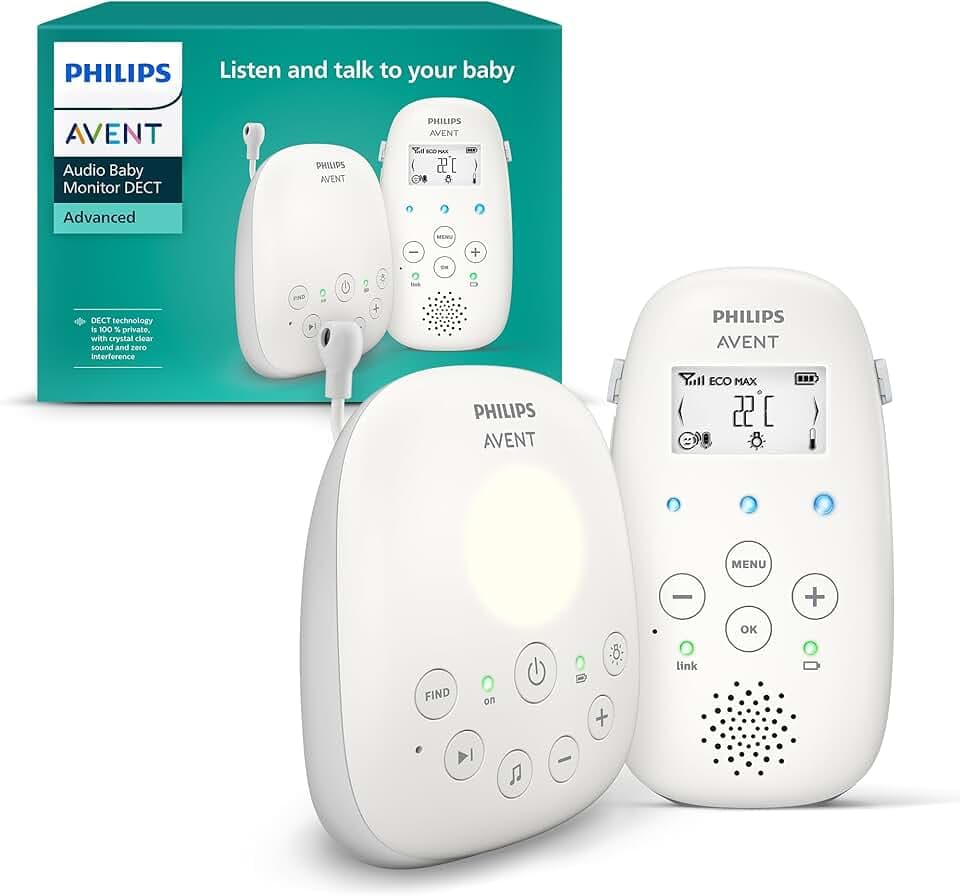 Philips Avent DECT - Écoute-bébé Audio avec veilleuse et berceuses, Conversation bidirectionnelle, portée de 330m, autonomie de 18h, Connexion sécurisée, capteur de température, Son Clair, SCD713/26